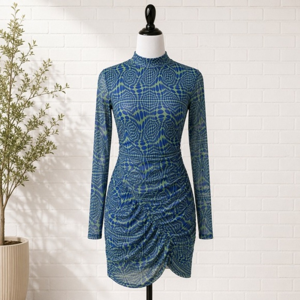 Pull&Bear Psychedelic Bodycon Ruched Mesh Mini Dress S Y2K Club Rave‎ Statement